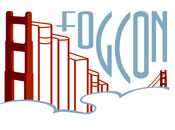 FOGcon logo: the Golden Gate Bridge as a bookshelf, in fog